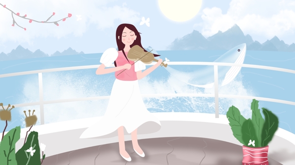 女孩海边弹奏提琴和深海鲸鱼的故事原创插画