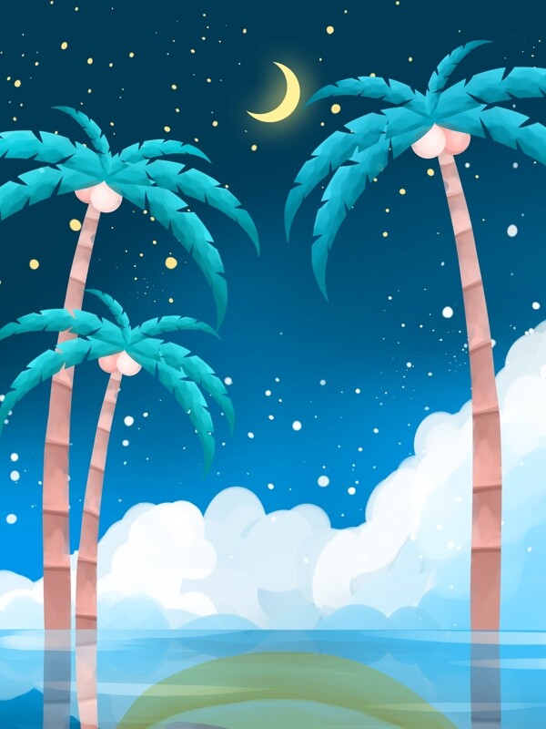 蓝色梦幻大气椰子树插画背景