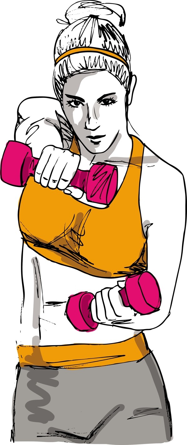 一个女人的工作在哑铃健身素描插画矢量