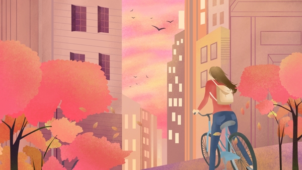 少女骑自行车眺望天空的晚霞原创手绘插画