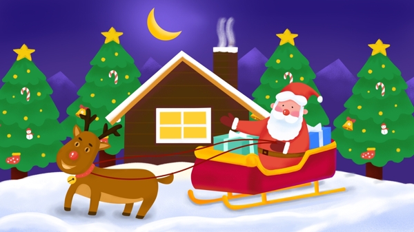 圣诞老人坐着雪橇送礼物的圣诞节创意插画