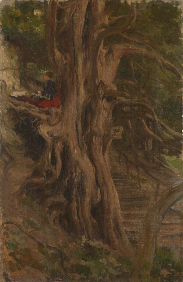 树木上的人物油画图片