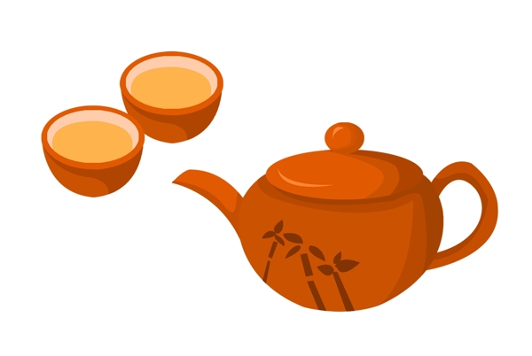 中国风棕色的茶壶茶杯插画