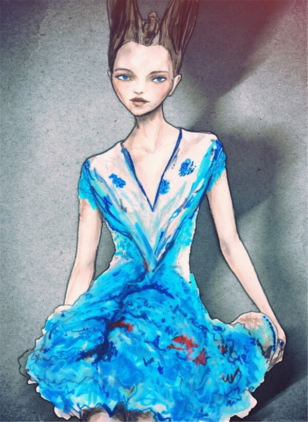 蓝色连衣裙设计彩绘图