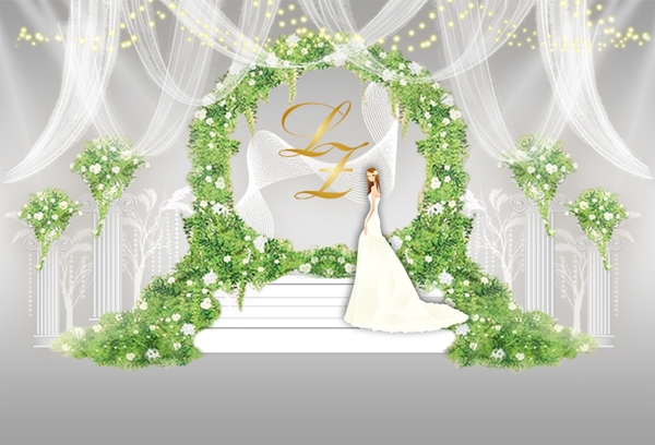 圆形绿植款纱幔灯泡吊顶婚礼展示迎宾效果图