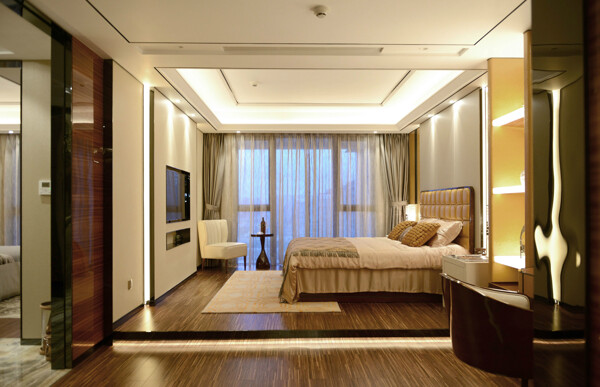 现代时尚卧室褐色地板室内装修效果图