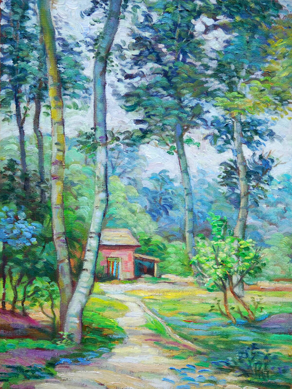 树林里的小屋子油画图片
