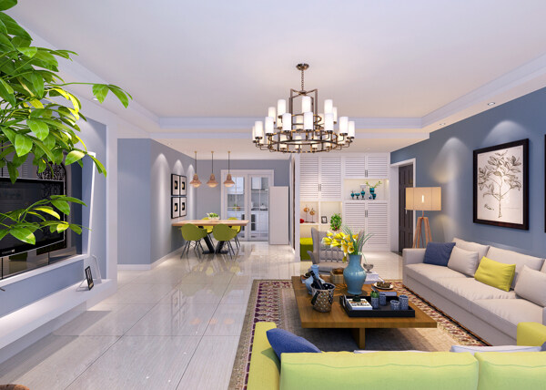 美式清新绿植装饰客厅室内装修效果图