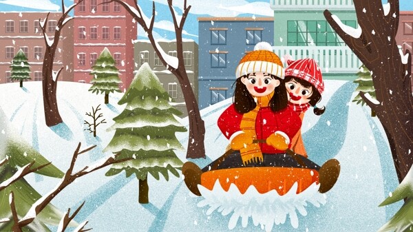 唯美冬季女孩们雪地滑雪冬天雪景插画