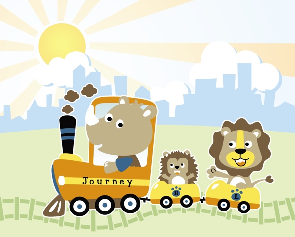 欢乐玩耍火车动物儿童插画