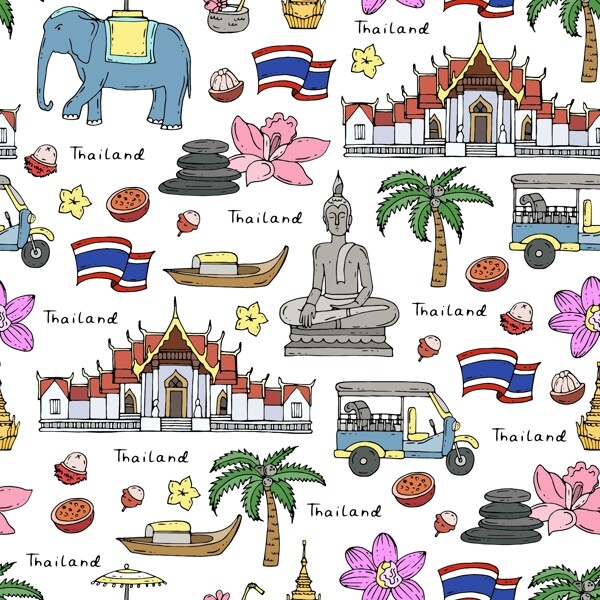 手绘大象泰国旅游场景海报元素矢量素材