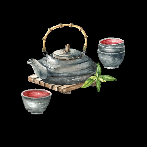 清新雅致灰色花纹茶具装饰元素