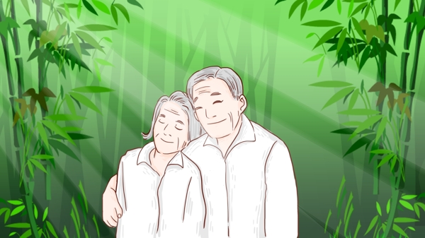 七夕情人节相伴到老的情侣走竹林手绘插画