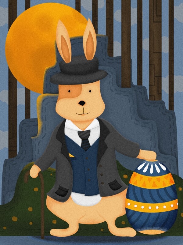兔子复活节手绘插画小清新彩蛋卡通可爱西装
