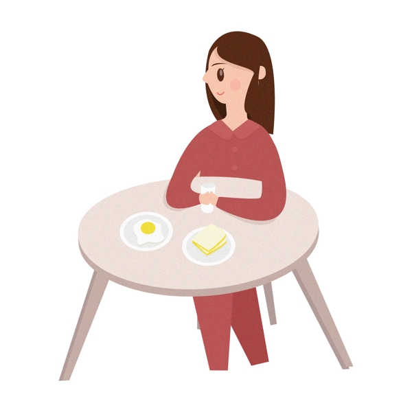 手绘卡通吃早餐的女孩png元素