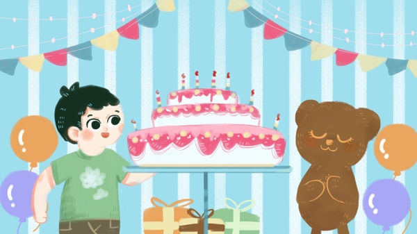 小熊生日蛋糕派对插画手绘海报背景壁纸H5