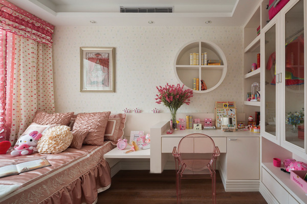 现代卧室粉白窗帘室内装修效果图