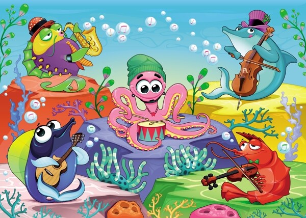 有趣的海底动物乐团矢量素材