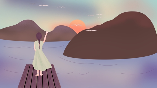 霓虹天际女孩山水前岸边看日出原创插画