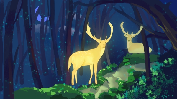 蓝色温馨治愈系森林与鹿插画