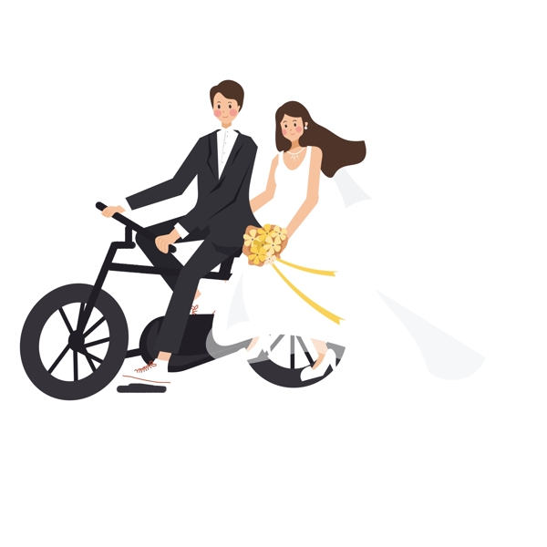 小清新骑着自行车的新郎新娘可商用元素