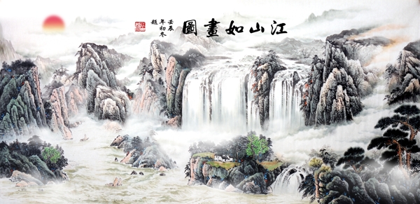 中国风时尚江水如画背景墙