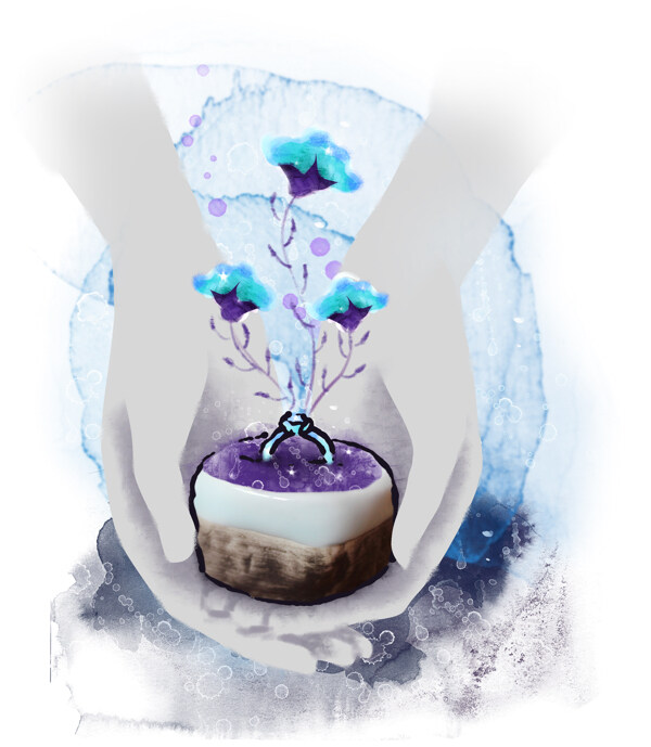 双手托着蓝色小花盆栽的插画