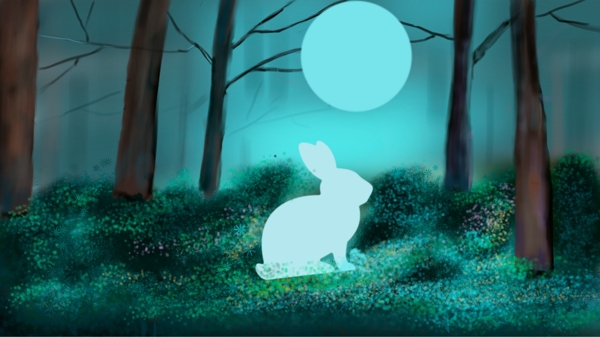 中秋节玉兔赏月树林风景插画