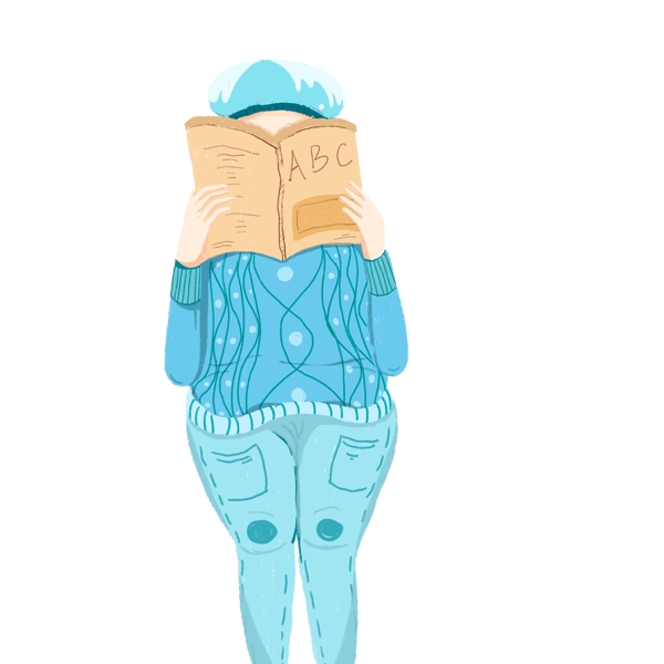 清新蓝色看书的女孩子手绘设计