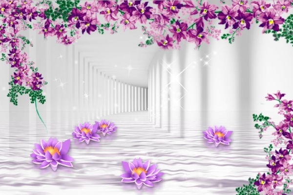 紫色现代水纹倒影花卉走廊背景墙图片