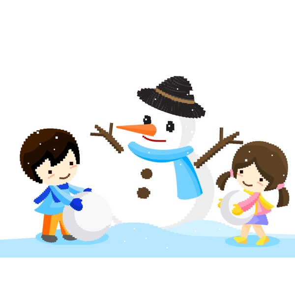 清新大雪中堆雪人的姐弟俩像素化设计