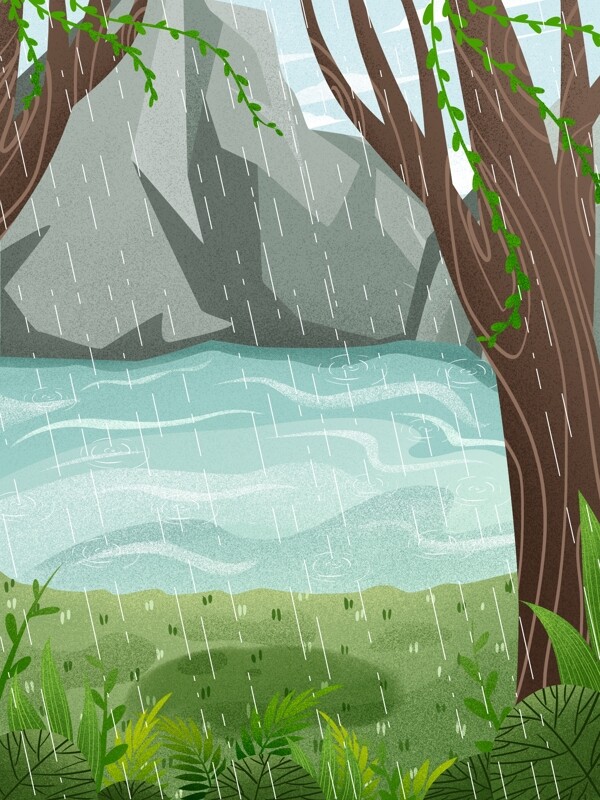 卡通手绘雨季河边风景背景