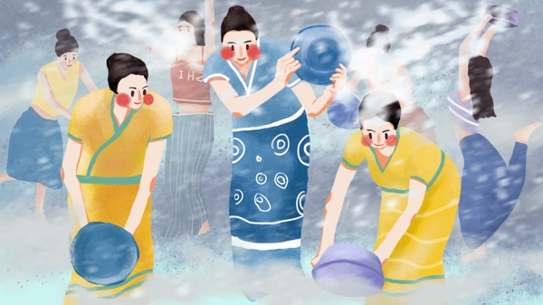 蓝色彩绘小清新插画泼水节女生背景设计