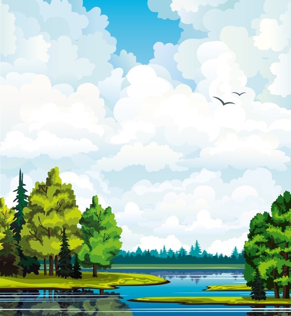树木湖水蓝天风景