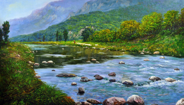 河流树木油画