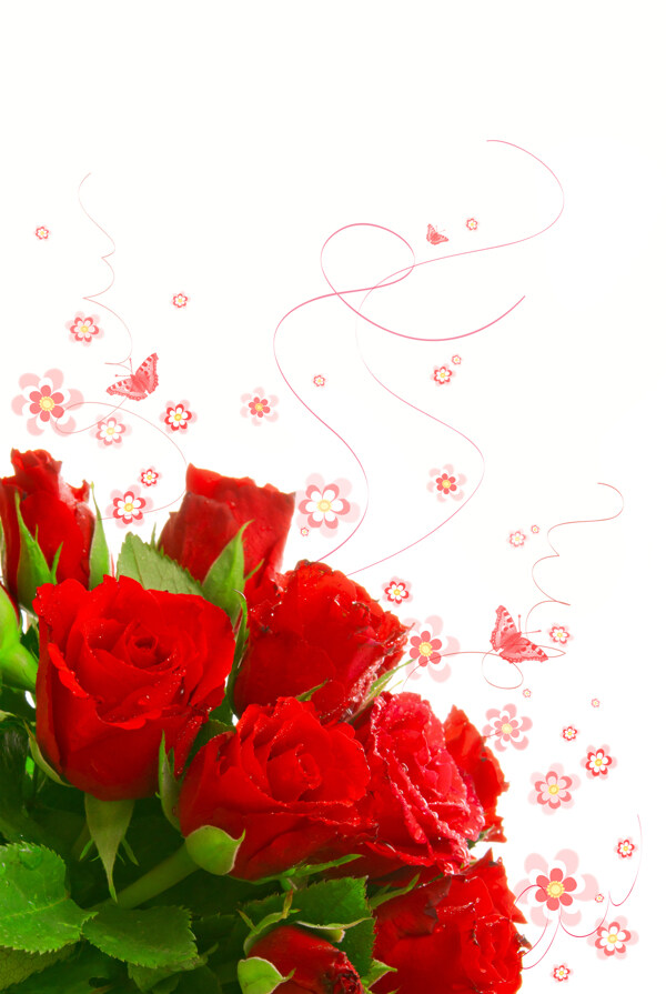 红色玫瑰与蝴蝶花纹背景图片