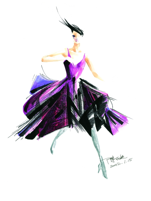 紫色连衣裙设计手绘图