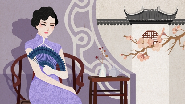 中国风民国旗袍女人插画