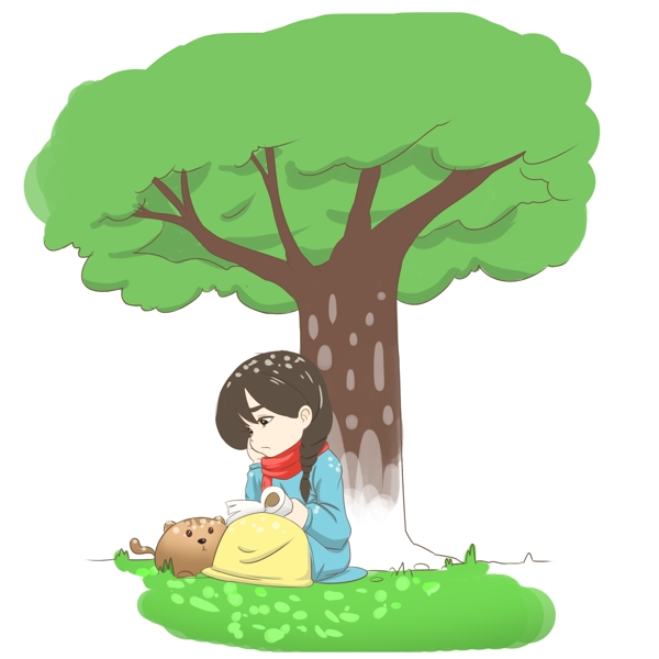 小女孩在树下看书卡通手绘