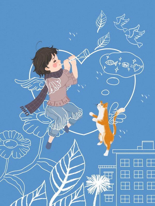 唯美可爱虚实涂鸦少年与猫