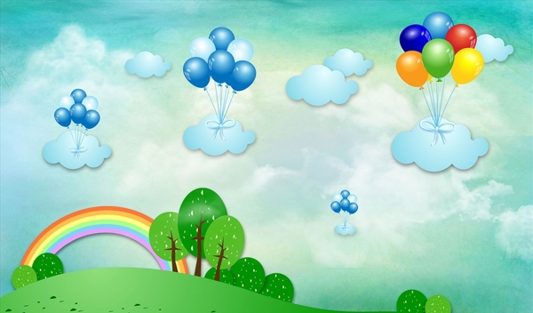 儿童卡通彩虹气球背景墙图片