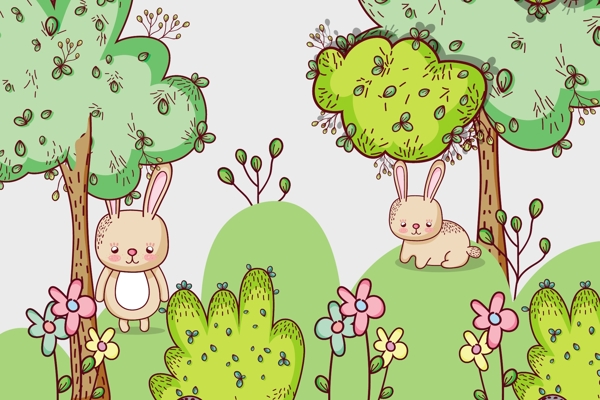 手绘可爱治愈系森林兔子插画