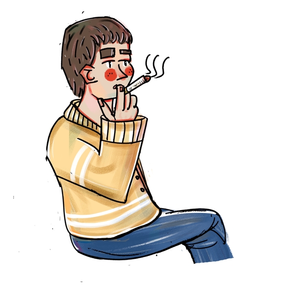 卡通简约抽烟的男孩装饰素材