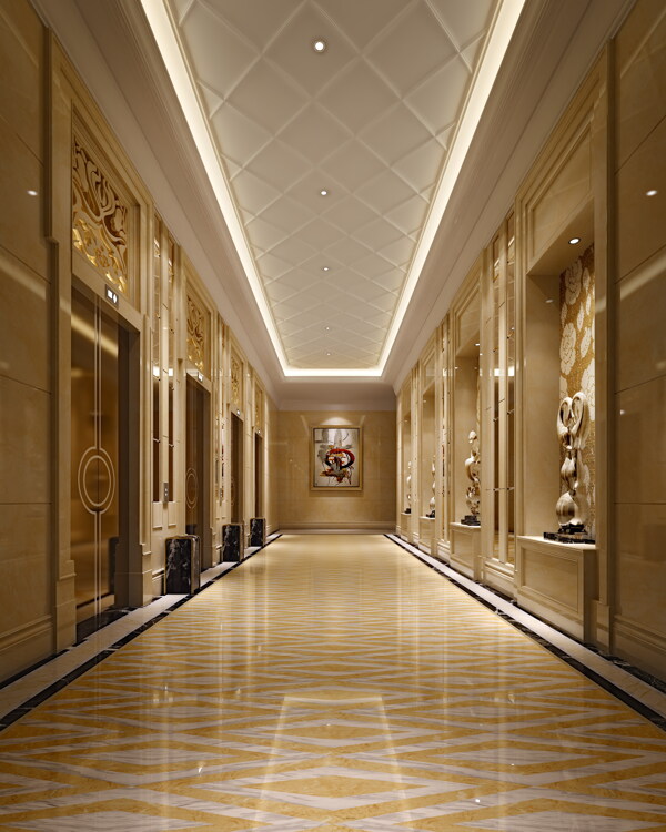 现代时尚酒店走廊金色背景墙工装装修效果图