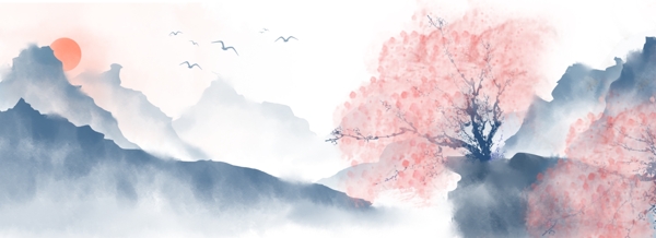 中国风手绘樱花水墨风景山水画背景