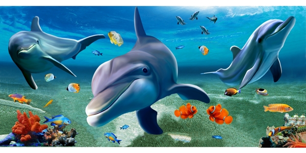 海底世界三只海豚