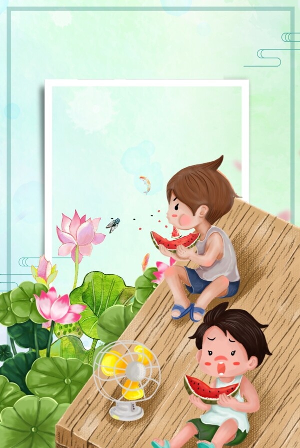 夏季小男孩吃西瓜背景图片