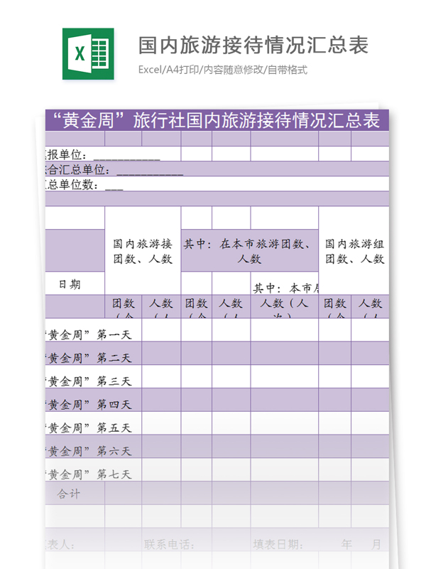 旅行社旅游接待情况汇总表excel模板