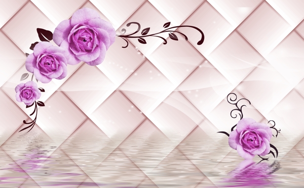 3D软包玫瑰倒影背景墙素材图片