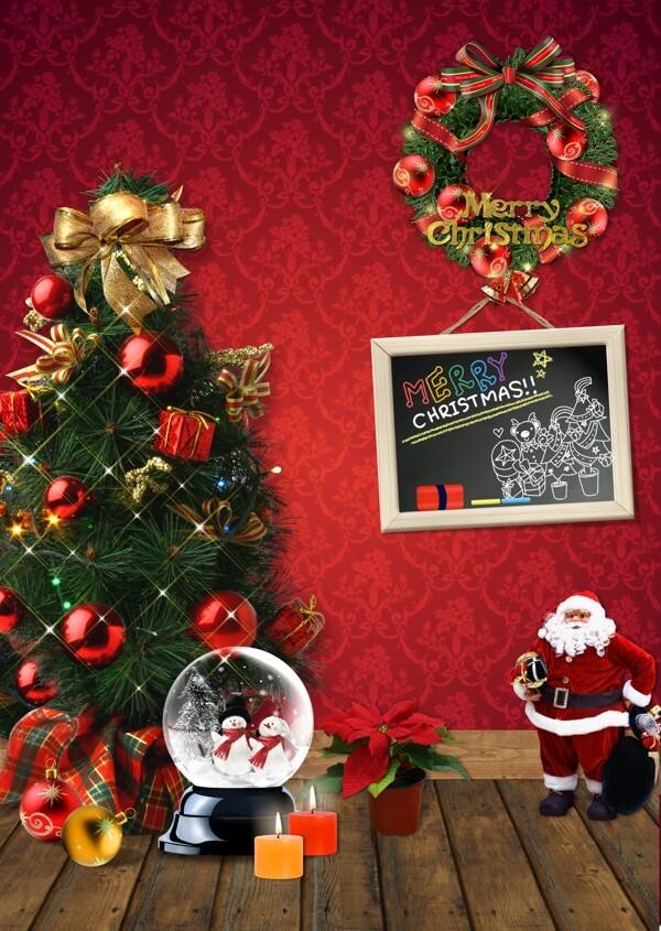 红色墙壁前的圣诞树和水晶球